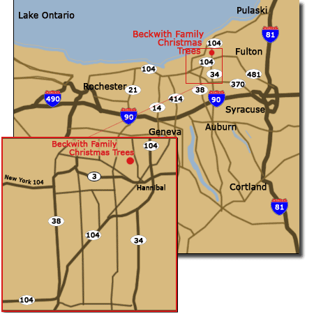 Maps to the Beckwith Family Christmas Trees, 189 Mill Street, Hannibal, New York, near Rochester, Geneva, Auburn, Syracuse, Fulton, Pulaski, and Cortland, NY.